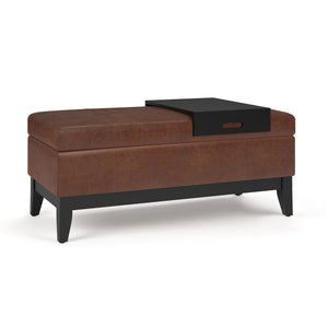 English Elm Oregon Storage Ottoman Bench with Tray and Lift-Top Storage, Satin Cream Faux Leather Accent Seat Dark Brown B136P159071