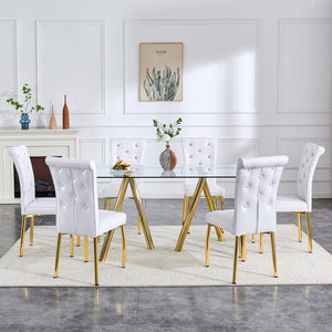 English Elm 71-inch Tempered Glass Dining Table Electroplated Metal Base Open Airy Modern Style Gold W3875S00006