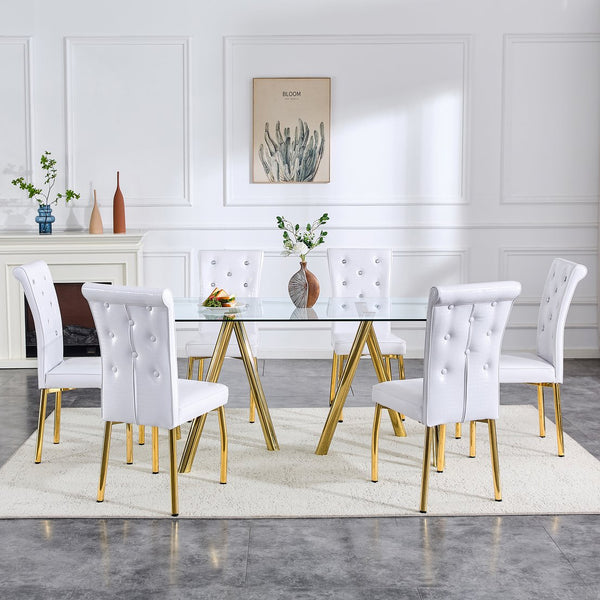 English Elm 71-inch Tempered Glass Dining Table Electroplated Metal Base Open Airy Modern Style Gold W3875S00006