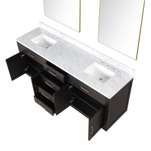 English Elm Brown Oak Double Bath Vanity With Carrara Marble Top, Soft-Close Drawers & 2 Frameless Mirrors B2731S01543