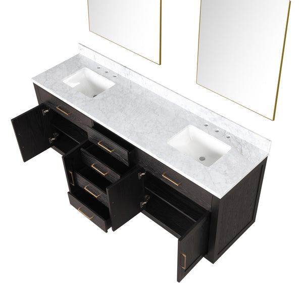 English Elm Brown Oak Double Bath Vanity With Carrara Marble Top, Soft-Close Drawers & 2 Frameless Mirrors B2731S01543