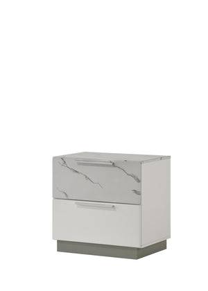 English Elm Mist Nightstand Elegant Two-Drawer White Lacquer with Marble Accents, Velvet-Lined Top Drawer, Compact Luxury B009P309328