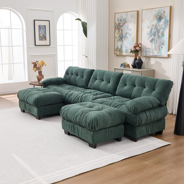 English Elm U Shaped Modular Cloud Sectional Deep Seat Flannelette Sofa with Rounded Bolster Armrests Green W2120S00039
