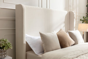 English Elm Harper Wingback King Bed Ivory Boucle Upholstery Walnut Legs Elegant Master Bedroom B191P458351