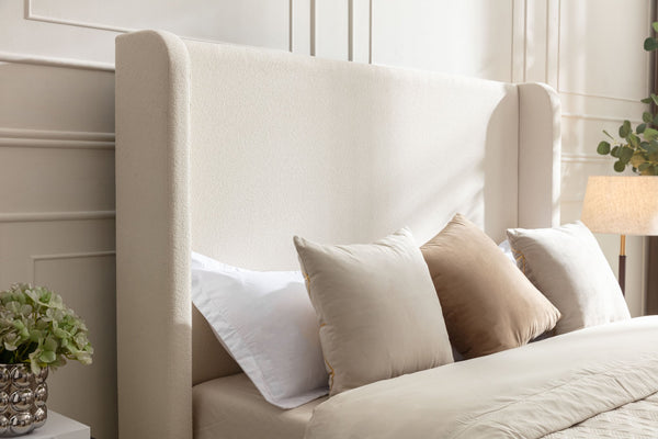 English Elm Harper Wingback King Bed Ivory Boucle Upholstery Walnut Legs Elegant Master Bedroom B191P458351