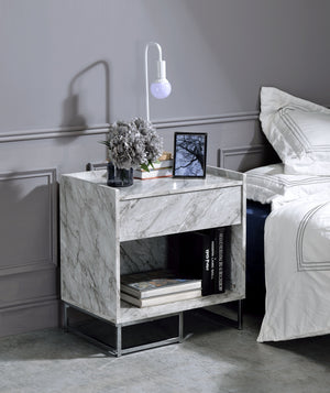 English Elm Azrael White Faux Marble Top Accent Table with Chrome Metal Base, Drawer & Open Storage, 100lb Limit B2726P340578