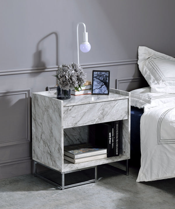 English Elm Azrael White Faux Marble Top Accent Table with Chrome Metal Base, Drawer & Open Storage, 100lb Limit B2726P340578
