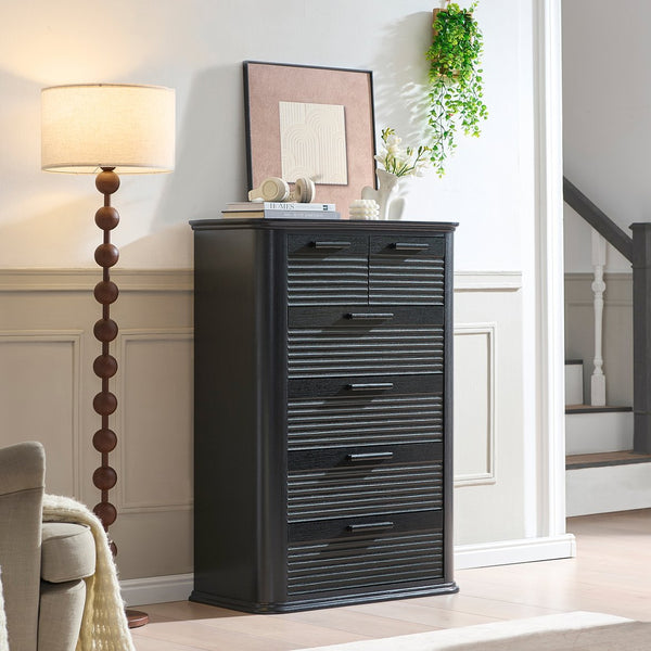 English Elm 6 Drawer Tall Fluted Chest with Waveform Fronts Slim Wooden Storage for Modern Bedroom Black Woodgrain T5326P425102