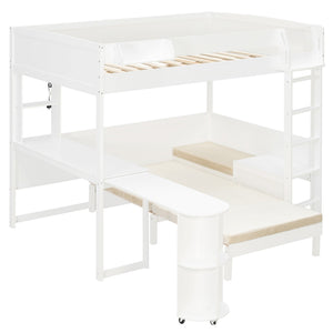 English Elm Full Size Loft Bed with Rotating Desk Led Lighting Sofa and Bookshelf Storage White LT000200AAK