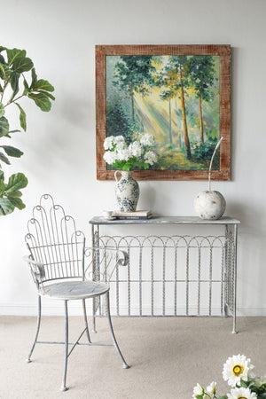 English Elm 23x22x38" Iron Armchair Fan Back Scrolled Arms Distressed Silver Patio Garden Seat W2078P452418
