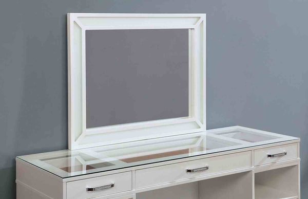 English Elm Contemporary Glam Vanity with Rhinestone Trim and Tempered Glass Top, High Gloss Finish, Illuminated Appeal White 65 L x 25 W x 11 H B2741S00676