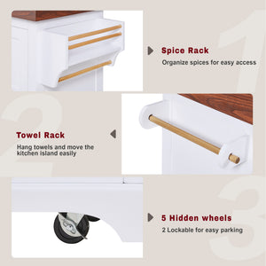 English Elm K&k Rolling Kitchen Island with Walnut Grain Countertop Drawers and Spice Rack White N707S000025W