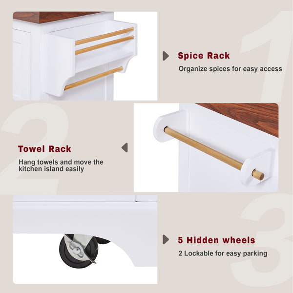 English Elm K&k Rolling Kitchen Island with Walnut Grain Countertop Drawers and Spice Rack White N707S000025W