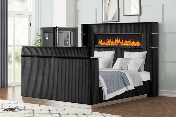 English Elm Lavish Queen Bed With Fireplace Headboard & Tv Stand Footboard - Modern Black Upholstered Design B009S01927