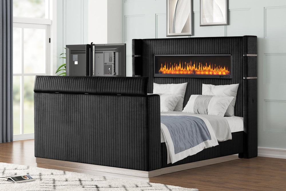 English Elm Lavish King Bed With Fireplace Headboard & Tv Stand Footboard - Modern Black Upholstered Design B009S01412