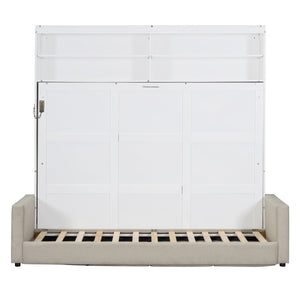 English Elm Queen Murphy Wall Bed with Integrated Sofa Linen Upholstered for Studio Apartments White LP000892AAK-1