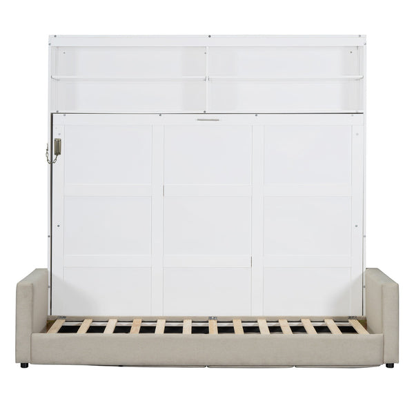 English Elm Queen Murphy Wall Bed with Integrated Sofa Linen Upholstered for Studio Apartments White LP000892AAK-1