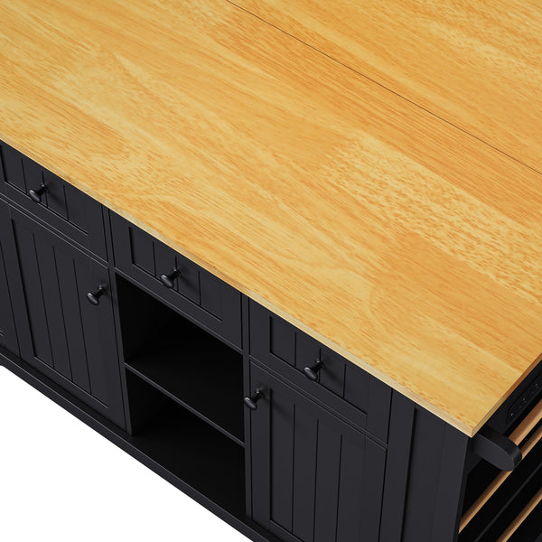 English Elm K&k 53 Inch Kitchen Island Set with Bar Stools Power Outlet Drop Leaf and Storage Black N707S003007B