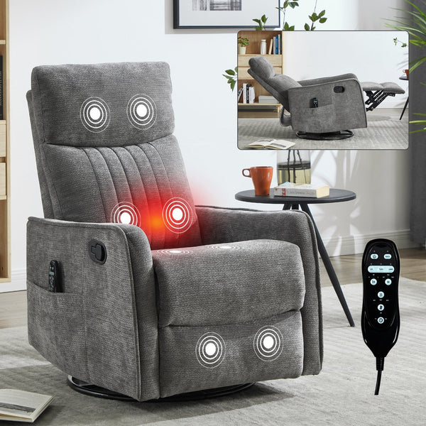 English Elm Blue Fabric Swivel Rocker Recliner with Massage Heat Nodes for Living Room Comfort Dark Gray W1803P321841