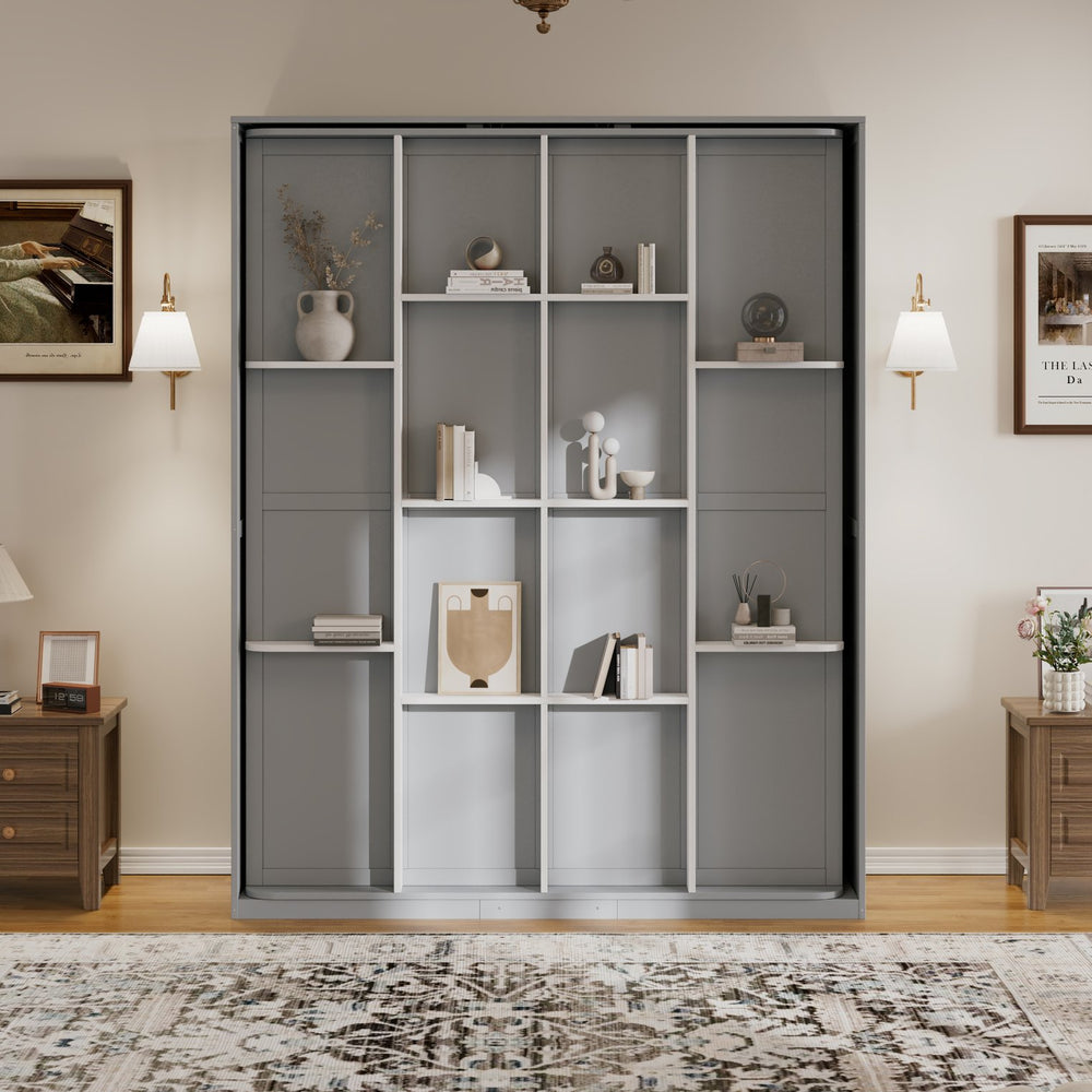 English Elm Rotating Queen Murphy Wall Bed with 14 Open Shelves Hydraulic Lift Space Saving Gray LP000962AAE