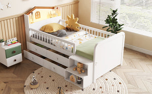 English Elm Low Twin Loft Bed with House-Style Headboard and Built-In LED Lights for Modern Kids' Rooms White 42.91 L x 28.35 W x 6.69 H W2593S00006