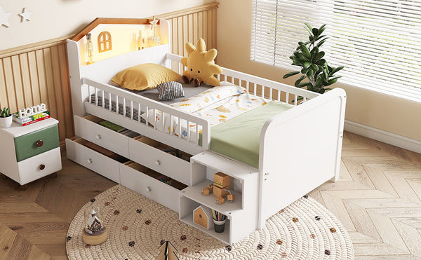 English Elm Low Twin Loft Bed with House-Style Headboard and Built-In LED Lights for Modern Kids' Rooms White 42.91 L x 28.35 W x 6.69 H W2593S00006