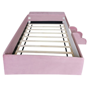 English Elm Twin Velvet Kids Daybed with Built-in Stairs Padded Guardrails and Gas Lift Storage Pink+White SF000201AAH