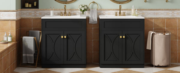 English Elm 60'' Bathroom Vanity Set With Ceramic Sink, Black Freestanding Cabinet, Gold Handles & Soft-Close Doors N710SS00005B