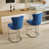 English Elm 25" Counter Height Bar Stools Set Of 2, Modern Velvet Barstools With Button Back&Rivet Trim Upholstered Kitchen Island Chairs With Sturdy Chromed Metal Base Legs Farmhouse Bar Stools, (Blue,2 Pack)