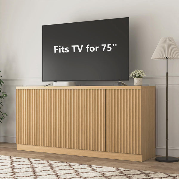 English Elm Buffet Credenza with Four Door Enclosed Shelving Natural Wood Finish Dining Hallway W409P327404