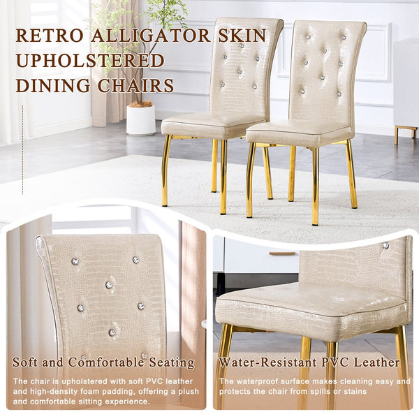 English Elm A Set of 2 Crystal Button Faux Leather Dining Chairs with Embossed Croc Texture Beige,Gold W3226P340253