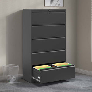 English Elm 5 Drawer Metal Lateral File Cabinet with Secure Locking System, Smooth Powder Coat, Quiet Ball-Bearing Slides for Heavy-Duty Legal and A4 Document Organization Black T2398P182180