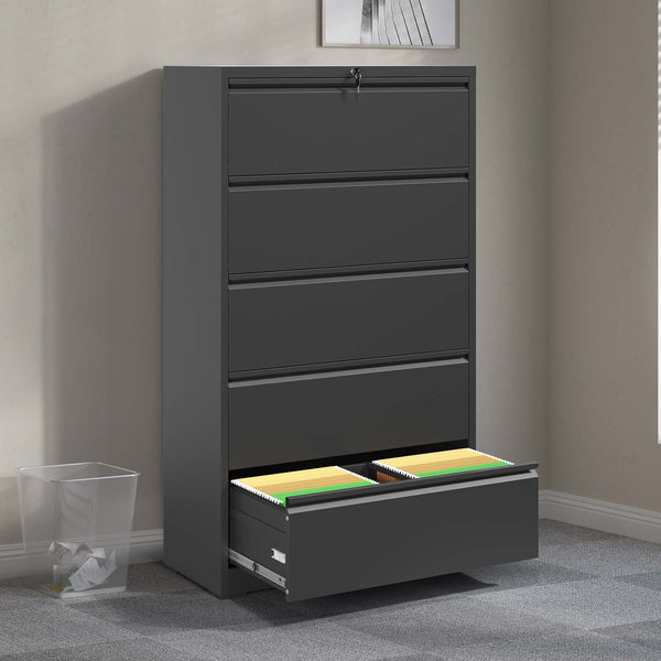 English Elm 5 Drawer Metal Lateral File Cabinet with Secure Locking System, Smooth Powder Coat, Quiet Ball-Bearing Slides for Heavy-Duty Legal and A4 Document Organization Black T2398P182180