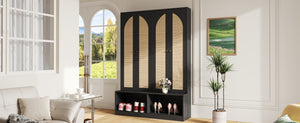 English Elm Rattan Door Hall Tree Bench with 6 Hooks Farmhouse Entryway Storage N721S000074B