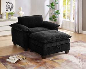 English Elm 51" Oversize Chaise Lounge Chair with Ottoman and Hidden Storage Upholstered in Soft Chenille Comfort Black W1097S00151