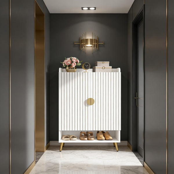 English Elm Rustic Seven Tier Shoe Cabinet with Swing Doors Adjustable Entryway Organizer Gold,White T3971P448652