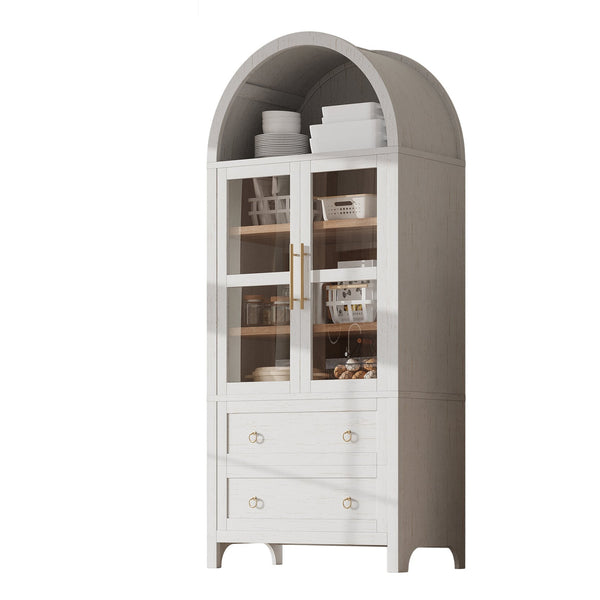 English Elm K&K 71" Arched Kitchen Pantry Cabinet with Glass Doors, Adjustable Shelves, Soft-Close Drawers White N707P288972W