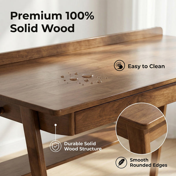 English Elm Solid Wood Writing Desk Mid Century Walnut Finish Two Drawers Shelf and Side Hooks W3204P465630