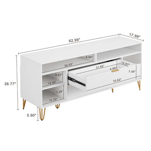 English Elm Dumbo 63" Fluted Media Console with Gold Legs, 2 Drawers, 6 Shelves & Wire Management Elegance White B365P397904