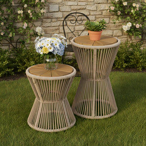 English Elm Scott Living Nara Outdoor Acacia Wood Side Tables with Woven Rope Iron Frame Set Beige,Light Teak N770PS2354692L