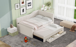 English Elm Full Upholstered Daybed with Trundle and Three Drawers, Linen-Blend Fabric, Space-Saving Guest Bed, Storage-Friendly Design Beige DL002058AAA