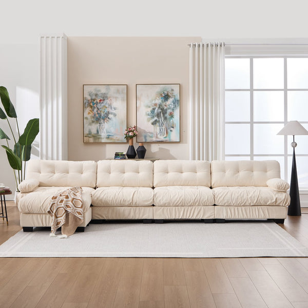 English Elm Modular Cloud Sofa Deep Seat Flannelette Sectional with Round Armrests for Living Room Beige W2120S00049