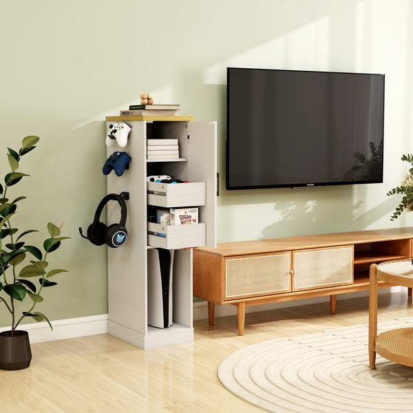 English Elm 44.49" Slim Gaming Console Storage Cabinet with Drawers and Hooks Antique White W1120P330147