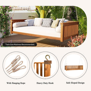 English Elm TOPMAX Acacia Patio Swing Bed Twin Size Teak – Weather‑Resistant Wooden Porch Swing, 350 lb Capacity N717P214425D