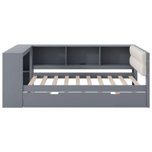 English Elm Wood Twin Platform Bed Linen Headboard Storage Shelves Trundle Charging Station Gray N709P004023E