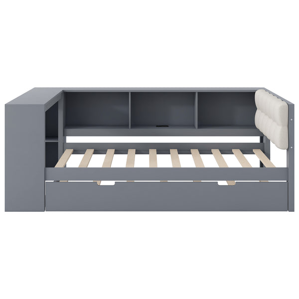 English Elm Wood Twin Platform Bed Linen Headboard Storage Shelves Trundle Charging Station Gray N709P004023E