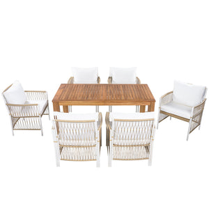 English Elm Topmax Outdoor Acacia Wood Dining Set with Six Pe Wicker Arm Chairs for Backyard SP100033AAN