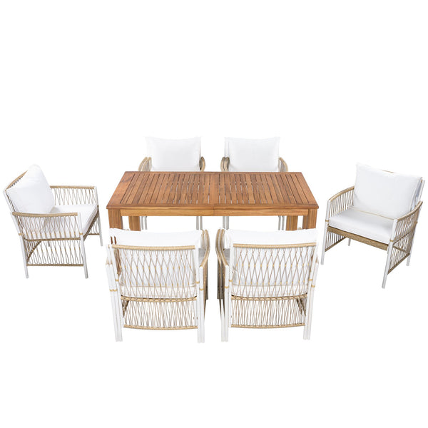 English Elm Topmax Outdoor Acacia Wood Dining Set with Six Pe Wicker Arm Chairs for Backyard SP100033AAN