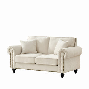 English Elm 63" Modern 2-Seater Sofa with Chenille Velvet, Rolled Arms, Nailhead Trim, Solid Wood Frame Durable Beige W3373S00020