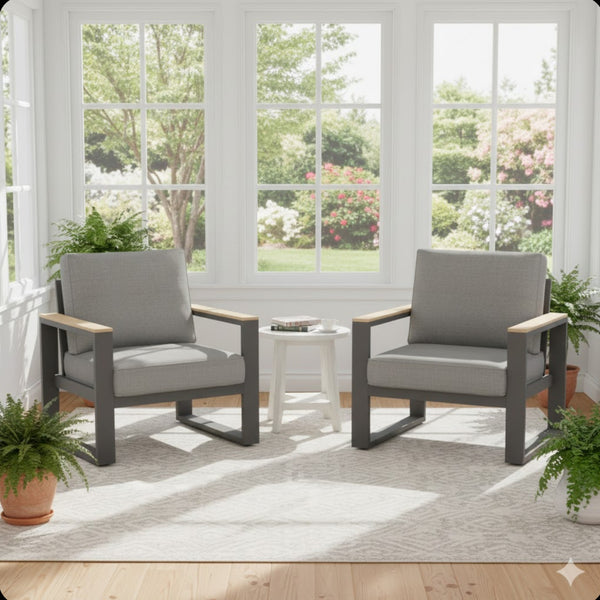 English Elm Set of 2 Powder-coated Aluminum Outdoor Armchairs with Ergonomic Reclined Cushioned Seats Black+Grey B082P455131